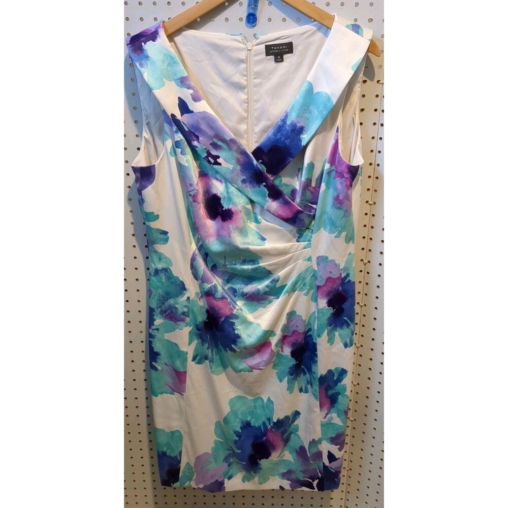 Tahari Arthur Levine Dress Size 16 Sleeveless Floral Easter Spring Green Purple